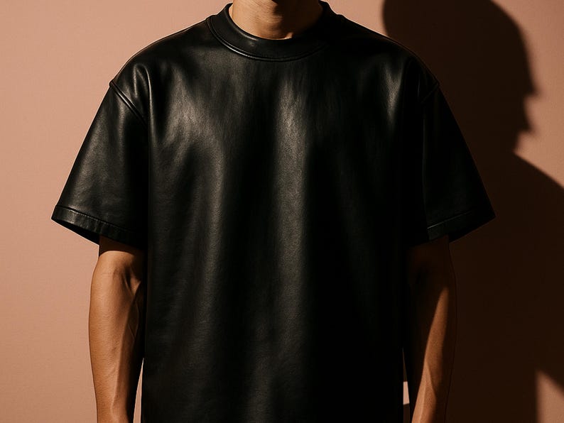 May include: Black leather t-shirt with short sleeves and a crew neck. The shirt has a smooth, slightly textured appearance. The image is set against a neutral background.