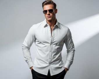 Handmade White Leather Shirt: Slim Fit Genuine Cow Leather