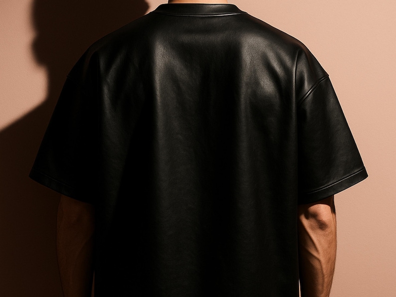 May include: A black, short-sleeved shirt made of a leather-like material. The shirt has a crew neck and a loose fit. The image is a close-up of the back of the shirt, with the shoulders and upper arms visible. The background is a solid, neutral color.