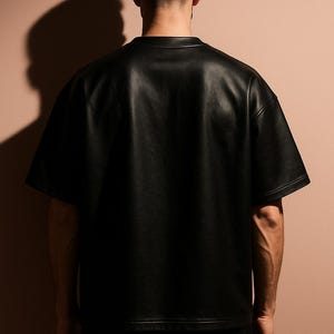 May include: A black, short-sleeved shirt made of a leather-like material. The shirt has a crew neck and a loose fit. The model is seen from the back, with a shadow cast on the wall behind them. The shirt is the focal point of the image.
