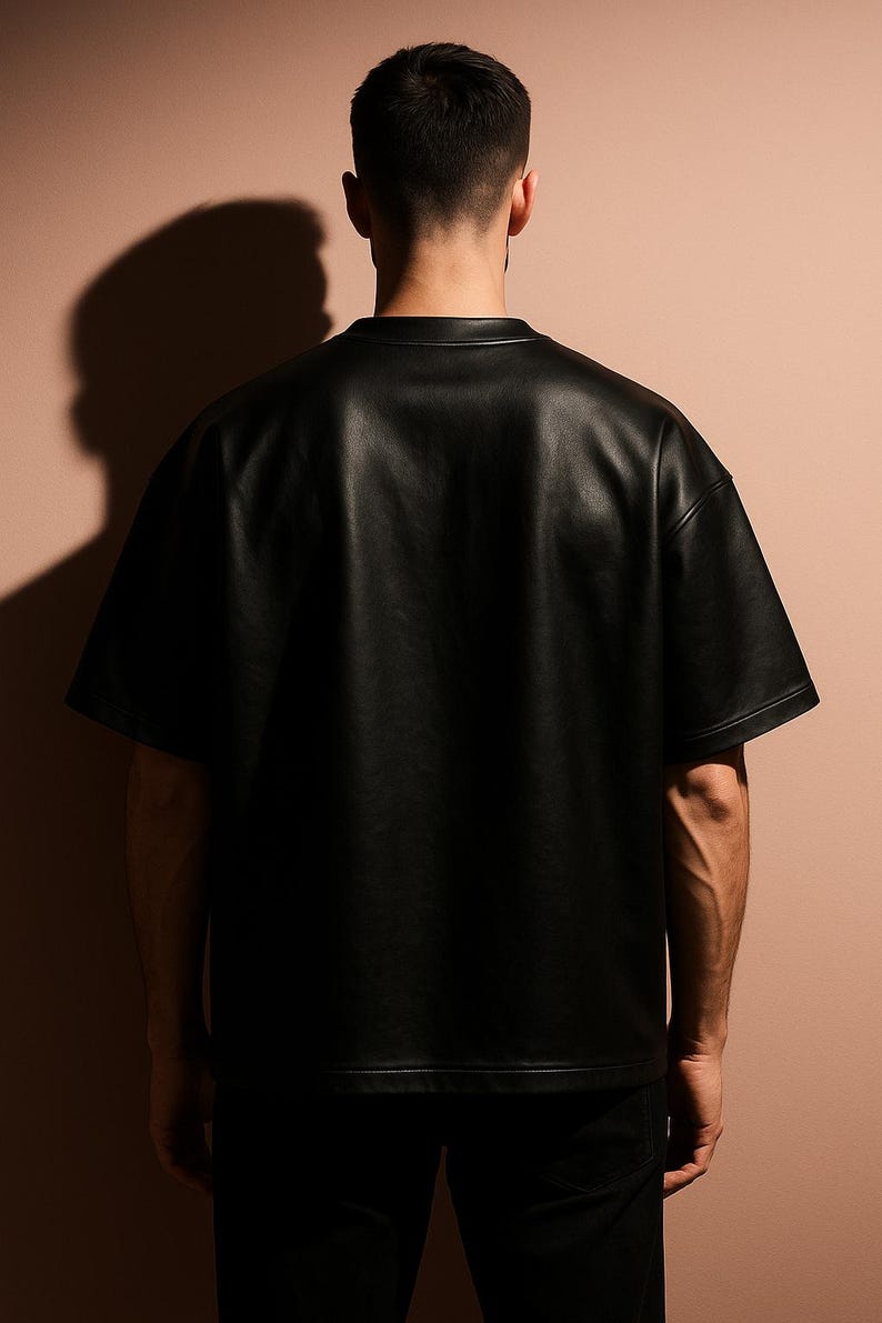 May include: A black, short-sleeved shirt made of a leather-like material. The shirt has a crew neck and a loose fit. The model is seen from the back, with a shadow cast on the wall behind them. The shirt is the focal point of the image.