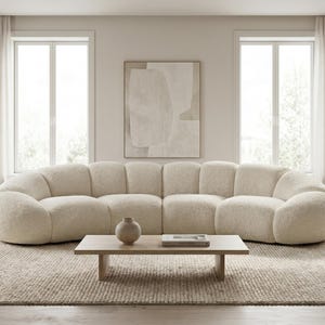 Curved Bouclé Sofa | Modern Crescent Couch | Luxury Cream Cloud Sofa | Scandinavian Living Room Furniture