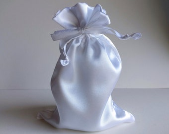 Satin Drawstring Bag 2x1.5, 3x2.75, 4x4.5 or 5x6 inches, White, rosary, protective jewelry storage pouch, gift bag, wedding favor