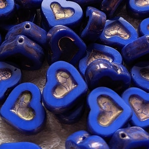 14x14x4mm Czech Heart Beads Opaque Blue, Luster Finish, (6 beads), table cut pressed glass, rosary paters, jewelry supplies, gold, bronze