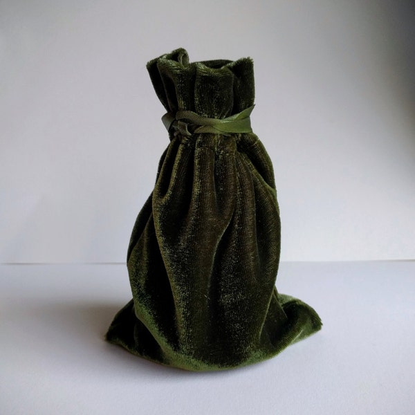 Velvet Drawstring Bag, 4x6, 6x9, or 3x4 in., Olive Mossy Green, thick plush velvet rosary storage jewelry wedding party favor dice gift bag