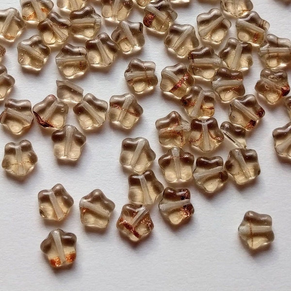 8mm Czech Star Beads, (10 or 60 qty), Transparent Lt. Topaz, White Lined Hole, Copper Metallic Accent Bands, Pressed Glass, rosary, jewelry