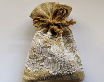 Natural Linen and Lace Drawstring Bag with Hemp Pull Cords, 3x3, 3x4 in. sturdy pouch, jewelry gift wedding party favor rosary potpourri