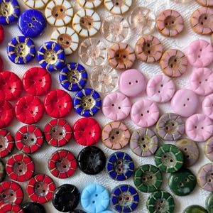Czech Flower Wheel Buttons, 5x14 mm 2 hole Picasso Finish, opaque pink peach blue green table cut glass notions sewing shirt sweater clothes