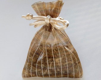 Organza Stripe Drawstring Bag, 3x3 inches, Golden Brown Toffee Shimmer, White Ivory Stripes, wedding party favors, jewelry, gift bag