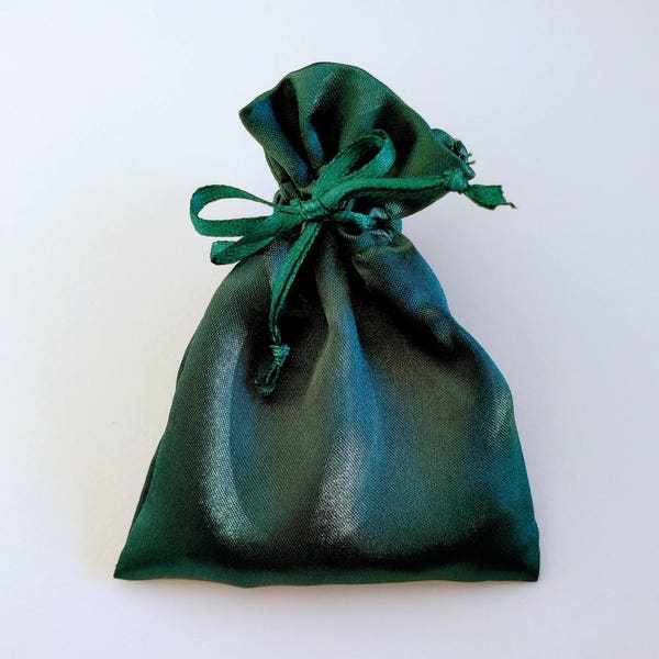 Satin Drawstring Bag, 3x2.75, 4x4.5, 5x6, or 6x7 inches, Dark Peacock Green, jewelry storage pouch, rosary, gift, wedding party favor bag