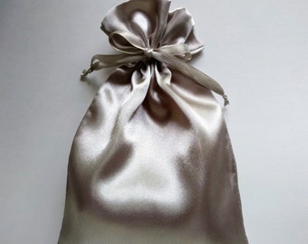 Satin Drawstring Bag Pewter Gray, 3x2.75, 4x4.5, 5x6, 6x7 in. jewelry storage pouch, gift, wedding party favor, silver, bronze, grey, rosary