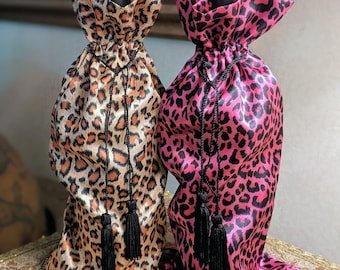 Leopard Print Satin Drawstring Bag Gold or Pink with Black Tassels, 6x12 space under drawstring, wine gift wedding favor bag makeup pouch