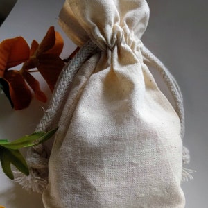 Natural Cotton Muslin Drawstring Bag, Flat Gusset Base Rope Cords Unbleached, approx: 3x3.5, 4x5, or 5x8 in. pouch jewelry gift favor cards image 2