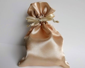 Satin Drawstring Bag, Copper Champagne, Light Toffee Sand, 3x2.75, 4x4.5 or 5x8 in., jewelry storage pouch, gift, wedding favor bag, taupe