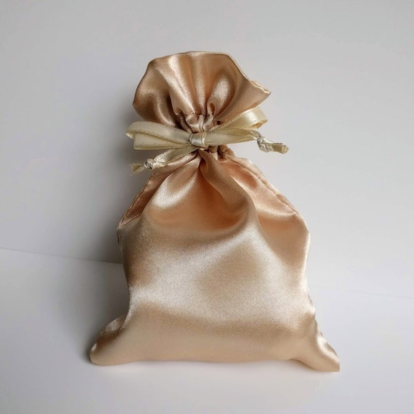 Satin Drawstring Bag, Copper Champagne, Light Toffee Sand, 3x2.75, 4x4.5 or 5x8 in., jewelry storage pouch, gift, wedding favor bag, taupe