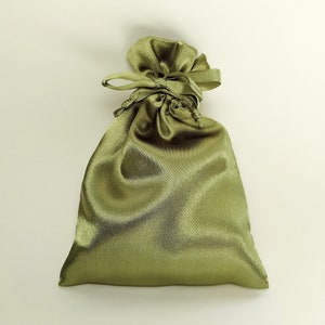 Satin Drawstring Bag Moss Olive Green Bronze, 3x2.75 or 4x4.5 inches inside area, jewelry storage pouch, gift bag, wedding party favor bag