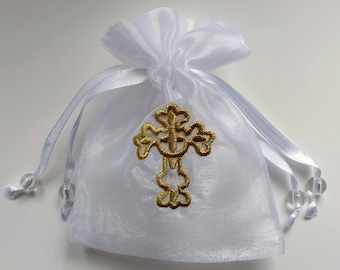 Organza Gold Cross Drawstring Bag, White, 3x3 or 4x4.5 inches, Christian, jewelry, rosary, holy medal, wedding, gift bag first communion