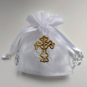 Organza Gold Cross Drawstring Bag, White, 3x3 or 4x4.5 inches, Christian, jewelry, rosary, holy medal, wedding, gift bag first communion
