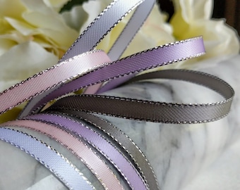 7 Yards: 1/4 in. Silver Metallic Edge Satin Double Faced Ribbon Trim, Cool White, Baby Pink, Lavender Lilac, Gray Stone, gift wrap, bows
