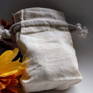 Natural Cotton Muslin Drawstring Bag, Flat Gusset Base Rope Cords Unbleached, approx: 3x3.5, 4x5, or 5x8 in. pouch jewelry gift favor cards image 3