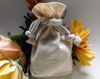 Natural Cotton Muslin Drawstring Bag, Flat Gusset Base Rope Cords Unbleached, approx: 3x3.5, 4x5, or 5x8 in. pouch jewelry gift favor cards