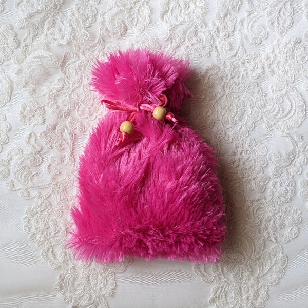 Fluffy Furry Drawstring Bag, 5x5 inches, Hot Pink fake fur, wooden bead ties, jewelry storage pouch, gift, girly, wedding favor party bag