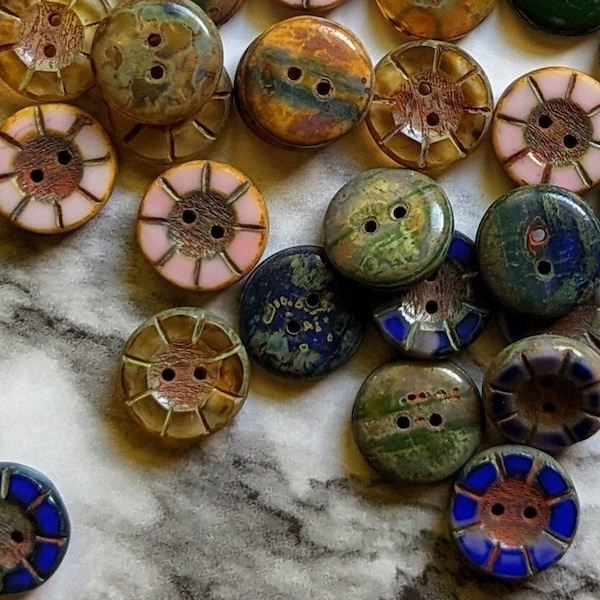 Czech Flower Wheel Buttons, 4x14 mm 2 hole Picasso Finish, opaque peach blue green black, amber glass, notions sewing shirt sweater clothes