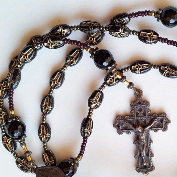 Monastic Meditation Lattice Rosary - Faceted black onyx rounds, Czech black pressed glass with gold crucifix beads, bronze crucifix, center
