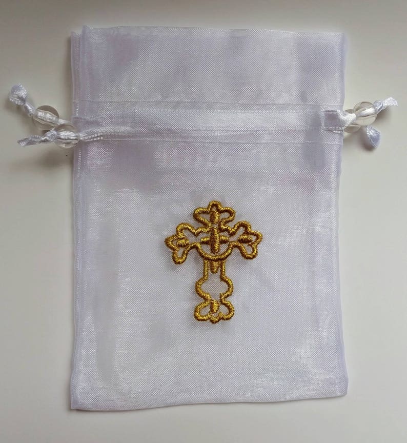 Organza Gold Cross Drawstring Bag, White, 3x3 or 4x4.5 Inches ...