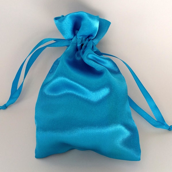 Satin Drawstring Bag 3x2.75, 4x4.5, 5x6 or 6x7 in. Turquoise Blue Peacock Teal, jewelry rosary storage pouch gift wedding favor party bag