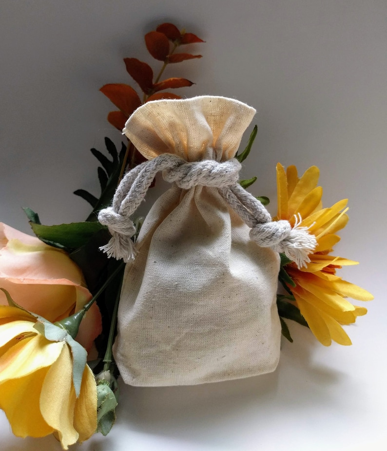 Natural Cotton Muslin Drawstring Bag, Flat Gusset Base Rope Cords Unbleached, approx: 3x3.5, 4x5, or 5x8 in. pouch jewelry gift favor cards image 1