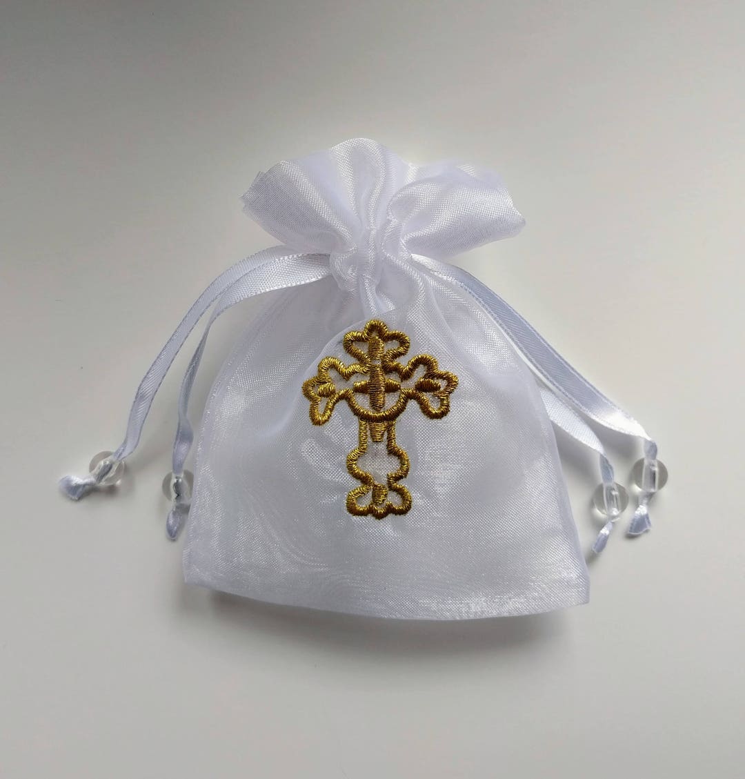 Organza Gold Cross Drawstring Bag, White, 3x3 or 4x4.5 Inches ...