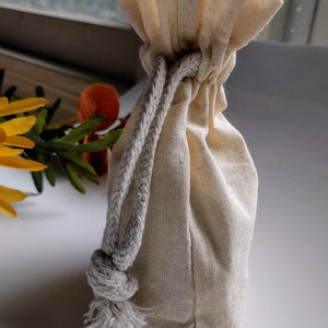 Natural Cotton Muslin Drawstring Bag, Flat Gusset Base Rope Cords Unbleached, approx: 3x3.5, 4x5, or 5x8 in. pouch jewelry gift favor cards image 4
