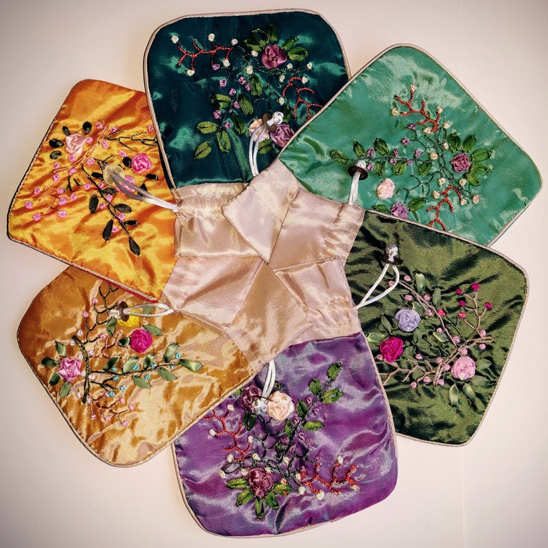 Silk Embroidered Drawstring Pouch lined 7x6 inches wedding Asian floral design large jewelry storage flowered princess bag gift