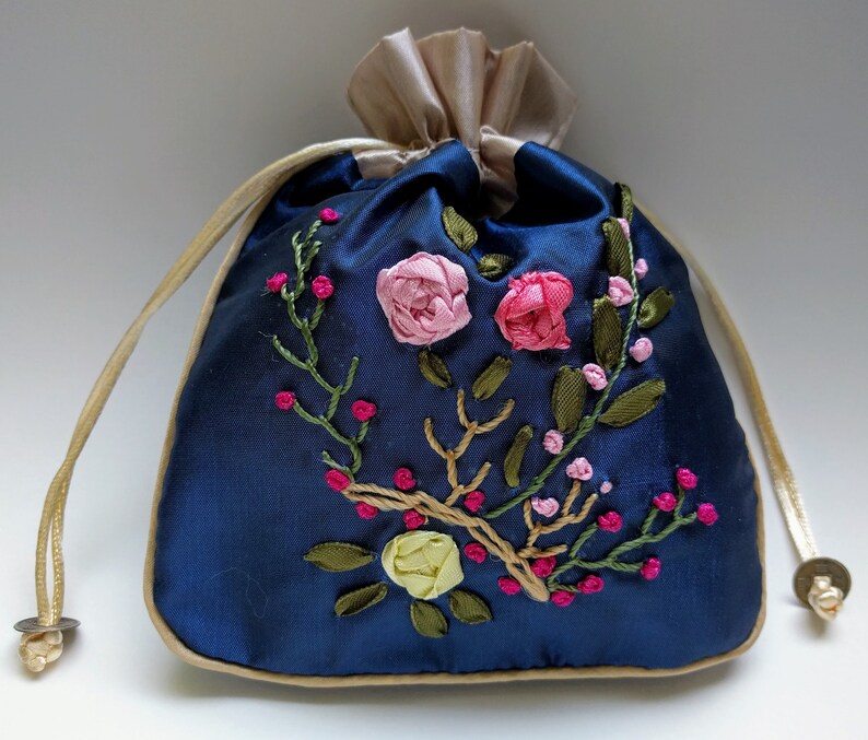 Silk Embroidered Drawstring Pouch lined 7x6 inches wedding Asian floral design large jewelry storage flowered princess bag gift
