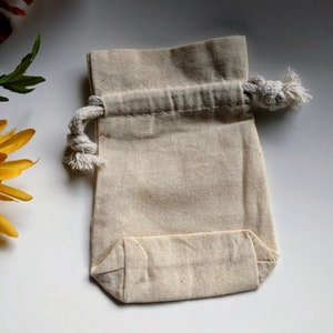 Natural Cotton Muslin Drawstring Bag, Flat Gusset Base Rope Cords Unbleached, approx: 3x3.5, 4x5, or 5x8 in. pouch jewelry gift favor cards image 6
