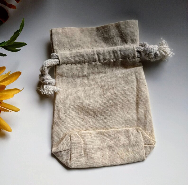Natural Cotton Muslin Drawstring Bag, Flat Gusset Base Rope Cords Unbleached, approx: 3x3.5, 4x5, or 5x8 in. pouch jewelry gift favor cards image 6