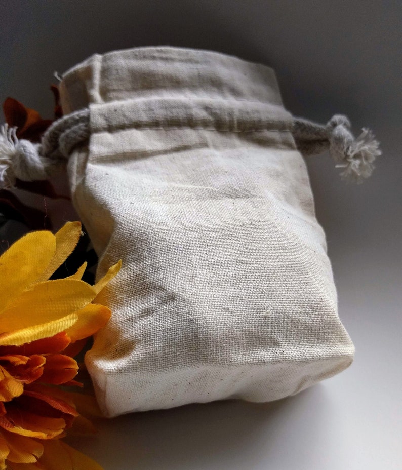 Natural Cotton Muslin Drawstring Bag, Flat Gusset Base Rope Cords Unbleached, approx: 3x3.5, 4x5, or 5x8 in. pouch jewelry gift favor cards image 3