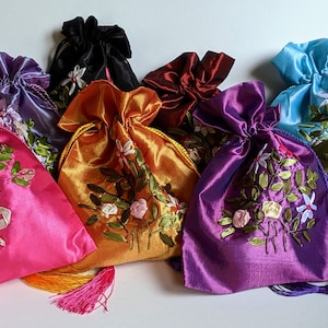 Silk Embroidered Tassel Drawstring Pouch, 7x8.5 in., Asian floral design, lined large jewelry storage gift wedding party favor princess bag