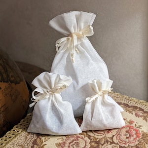 Ivory Muslin Drawstring Bag, Satin Ribbon Ties, 3x2.5, 4x3.5, or 6x6.5 in, wedding favor gift jewelry craft storage protective pouch cotton