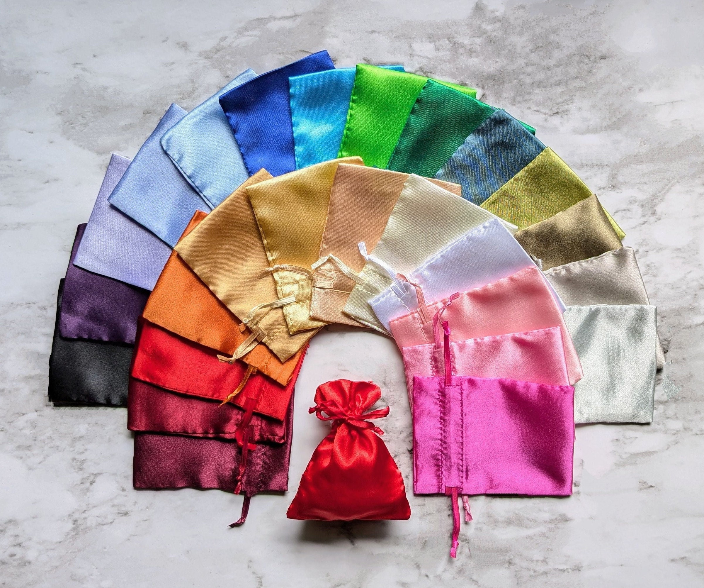 SALE* 2nds Satin Drawstring Bags 2x1.5, 3x2.75, 4x4.5, 5x6, 6x7, 6x12, 8x11, 12x12.75 in. jewelry storage pouch gift wedding favor clearance