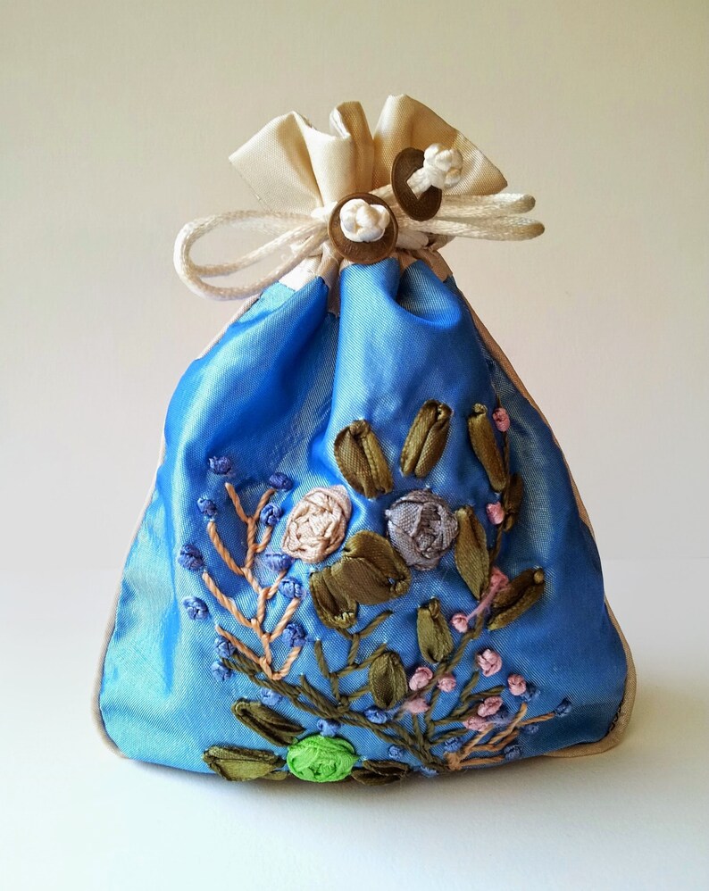 Silk Embroidered Drawstring Pouch lined 7x6 inches wedding Asian floral design large jewelry storage flowered princess bag gift