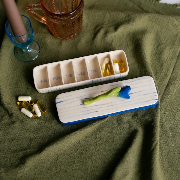 Ceramic Pill Box 7 Day Vitamin Case Weekly, Daily Organizer Get Well Gift Ideas 30th Birthday Gift Blue and White