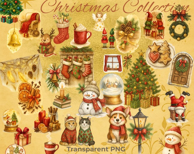 Featured listing image: Golden Watercolor Christmas Clipart Set | 32 PNG Hand-Painted Holiday Art