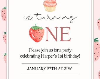 Strawberry 1st birthday invitation, berry sweet, custom digital invitation