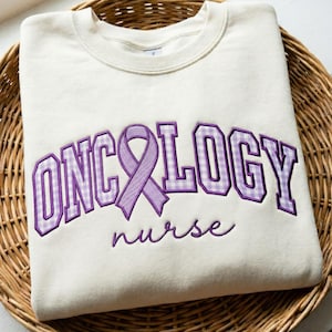 Embroidered Oncology Nurse Sweatshirt, Purple Ribbon Gingham Applique Crewneck, Cancer Awareness RN Gift