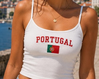 Portugal Crop Cami, Soccer Game Day Country Pride Shirt, Y2K Sports Spaghetti Strap Top