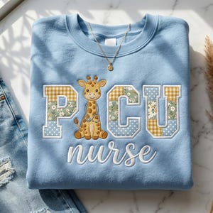 Patchwork Giraffe PICU Nurse Embroidered Sweatshirt, Pediatric ICU Crewneck Sweater