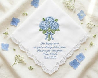 For Happy Tears Custom Wedding Flower Handkerchief, Personalized Mother of the Bride Gift, Embroidered Bridal Keepsake, Blue Hydrangea Hanky