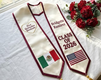 Custom Graduation Stole with Two Flags, Personalized Sash for First Generation Graduate Class of 2025 2026, Dual Heritage Flag Stole